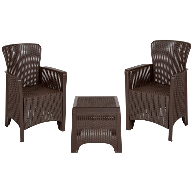 Chocolate Faux Rattan Plastic Chair Set with Matching Side Table