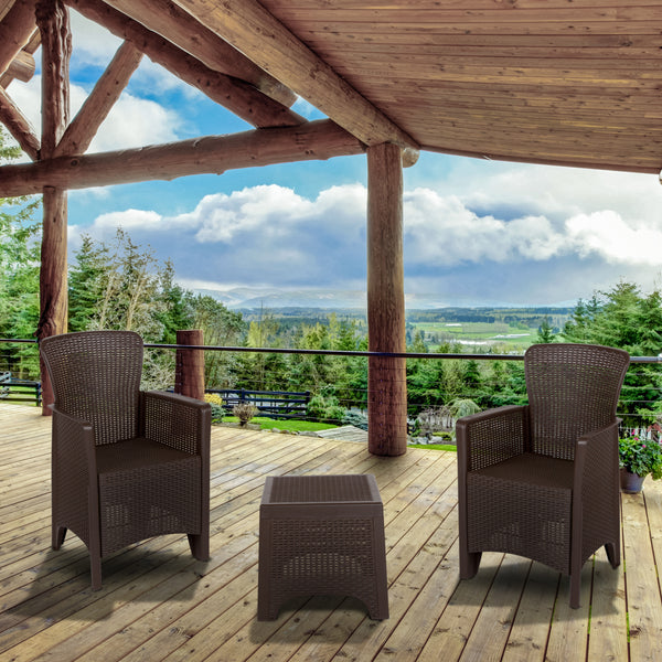 Chocolate Faux Rattan Plastic Chair Set with Matching Side Table