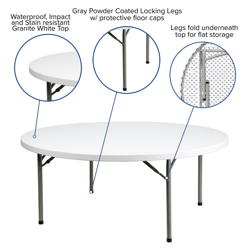 6-Foot Round Granite White Plastic Folding Table