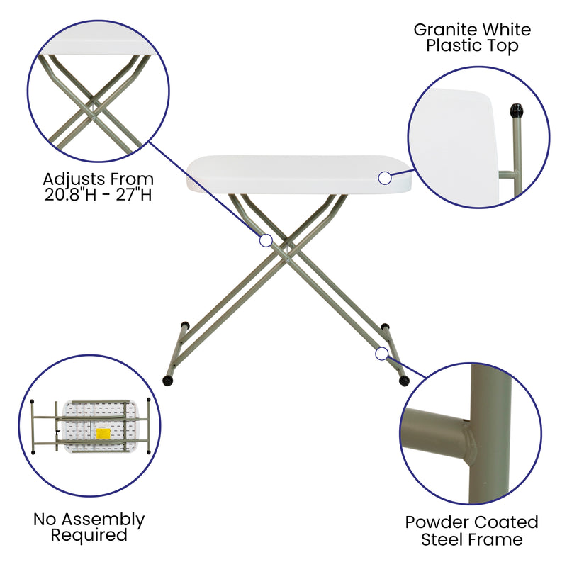 26 Inch Granite White Indoor/Outdoor Plastic Folding Table, Adjustable Height Commercial Grade Side Table, Laptop Table, TV Tray