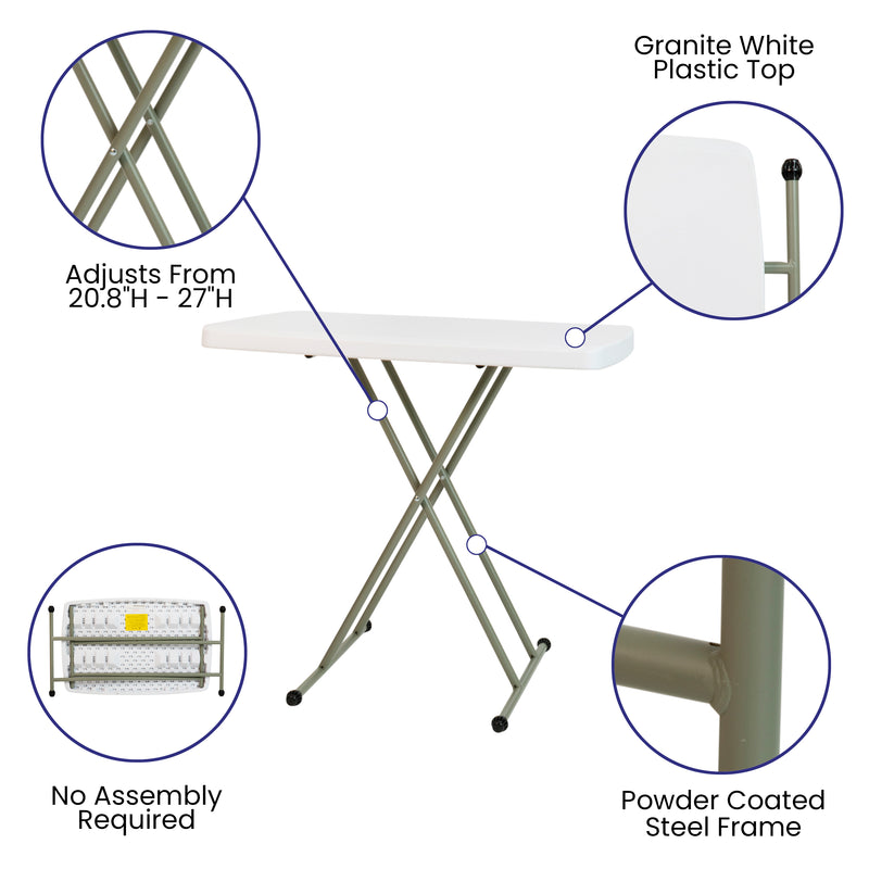 30 Inch Granite White Indoor/Outdoor Plastic Folding Table, Adjustable Height Commercial Grade Side Table, Laptop Table, TV Tray