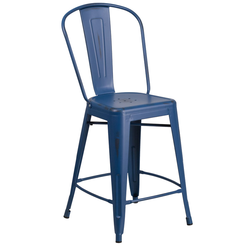 Commercial Grade 24" High Distressed Antique Blue Metal Indoor-Outdoor Counter Height Stool with Back