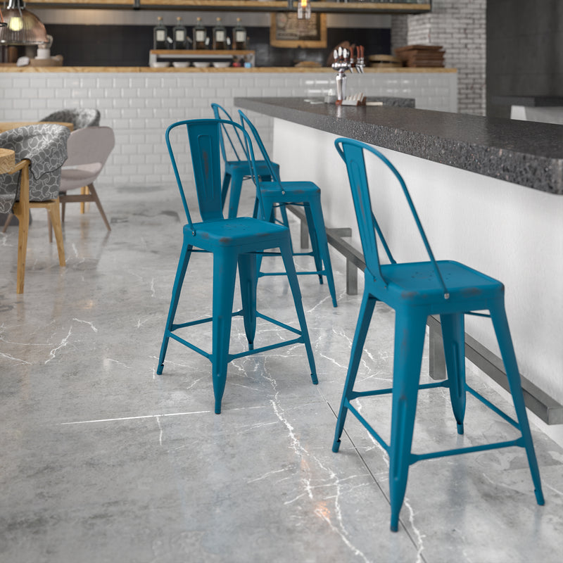 Commercial Grade 24" High Distressed Antique Blue Metal Indoor-Outdoor Counter Height Stool with Back