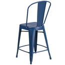 Commercial Grade 24" High Distressed Antique Blue Metal Indoor-Outdoor Counter Height Stool with Back