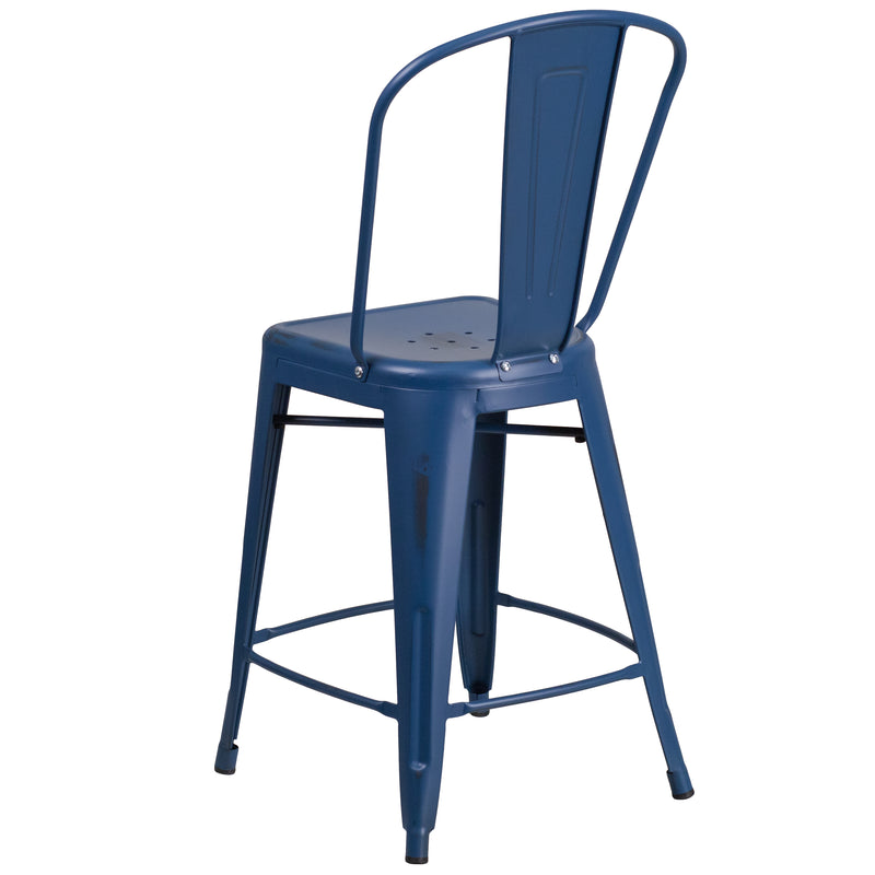 Commercial Grade 24" High Distressed Antique Blue Metal Indoor-Outdoor Counter Height Stool with Back