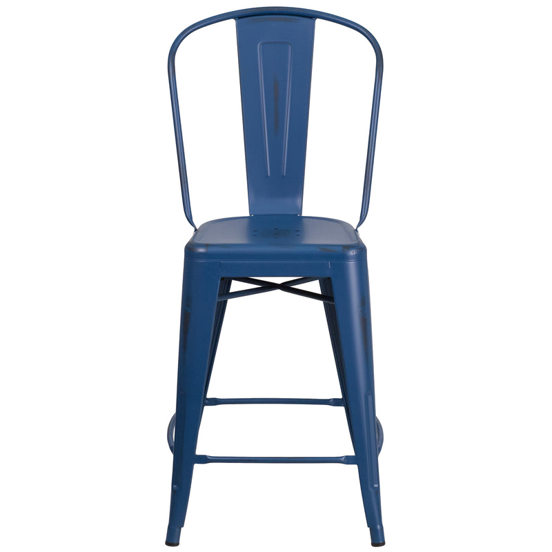 Commercial Grade 24" High Distressed Antique Blue Metal Indoor-Outdoor Counter Height Stool with Back