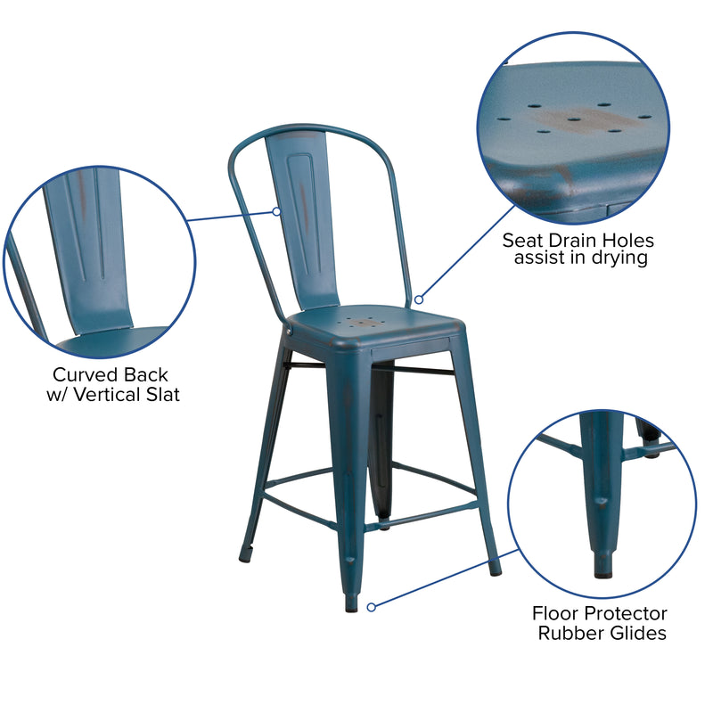 Commercial Grade 24" High Distressed Antique Blue Metal Indoor-Outdoor Counter Height Stool with Back