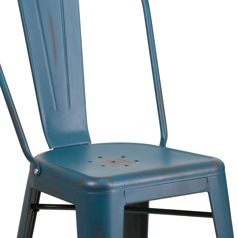 Commercial Grade 24" High Distressed Antique Blue Metal Indoor-Outdoor Counter Height Stool with Back