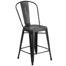 Commercial Grade 24" High Distressed Black Metal Indoor-Outdoor Counter Height Stool with Back