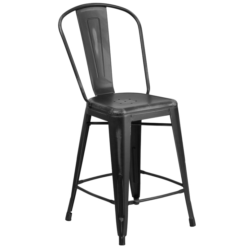 Commercial Grade 24" High Distressed Black Metal Indoor-Outdoor Counter Height Stool with Back