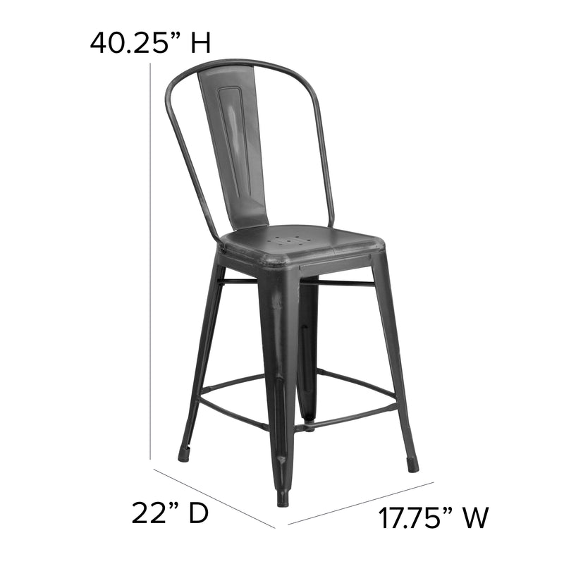 Commercial Grade 24" High Distressed Black Metal Indoor-Outdoor Counter Height Stool with Back