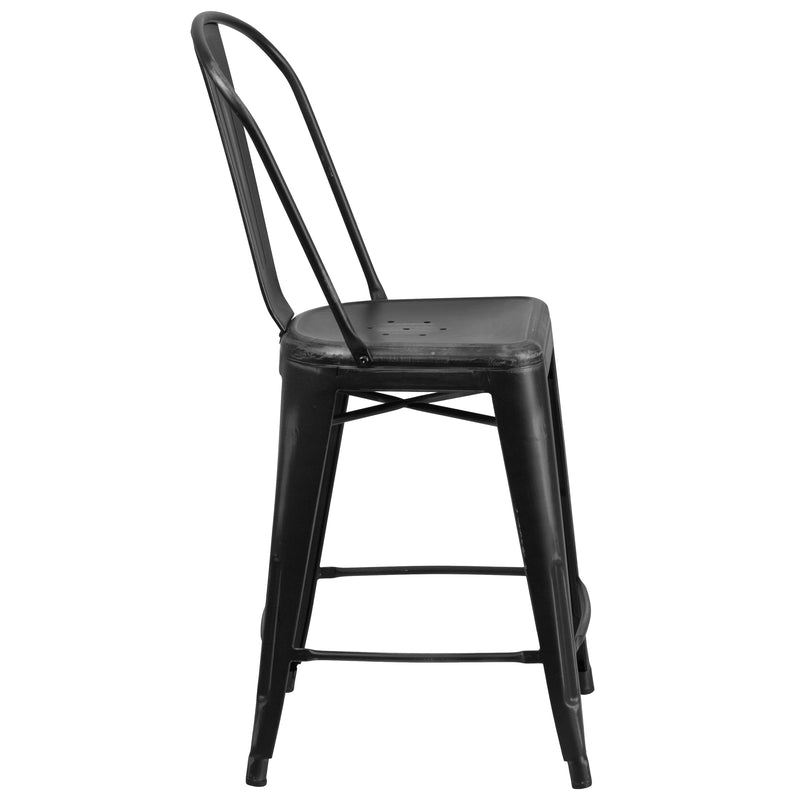 Commercial Grade 24" High Distressed Black Metal Indoor-Outdoor Counter Height Stool with Back