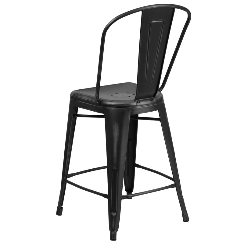 Commercial Grade 24" High Distressed Black Metal Indoor-Outdoor Counter Height Stool with Back