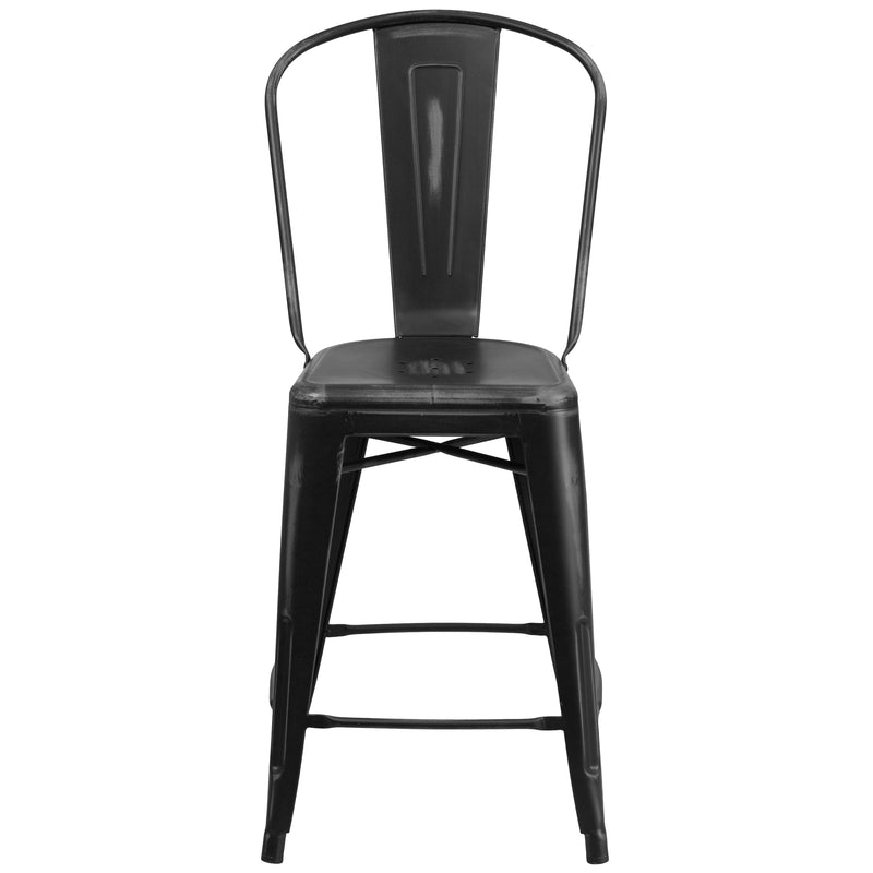 Commercial Grade 24" High Distressed Black Metal Indoor-Outdoor Counter Height Stool with Back