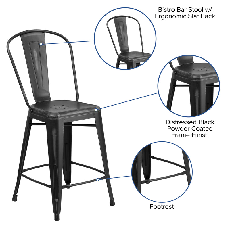 Commercial Grade 24" High Distressed Black Metal Indoor-Outdoor Counter Height Stool with Back