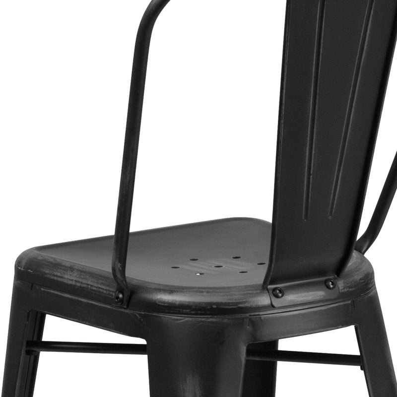 Commercial Grade 24" High Distressed Black Metal Indoor-Outdoor Counter Height Stool with Back