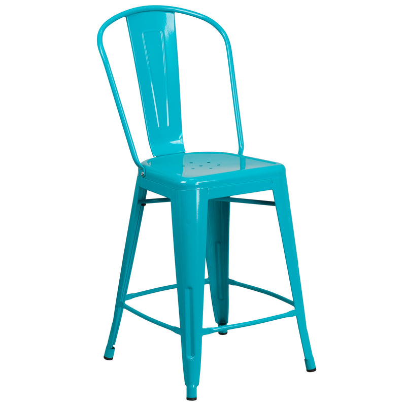 Commercial Grade 24" High Crystal Teal-Blue Metal Indoor-Outdoor Counter Height Stool with Back