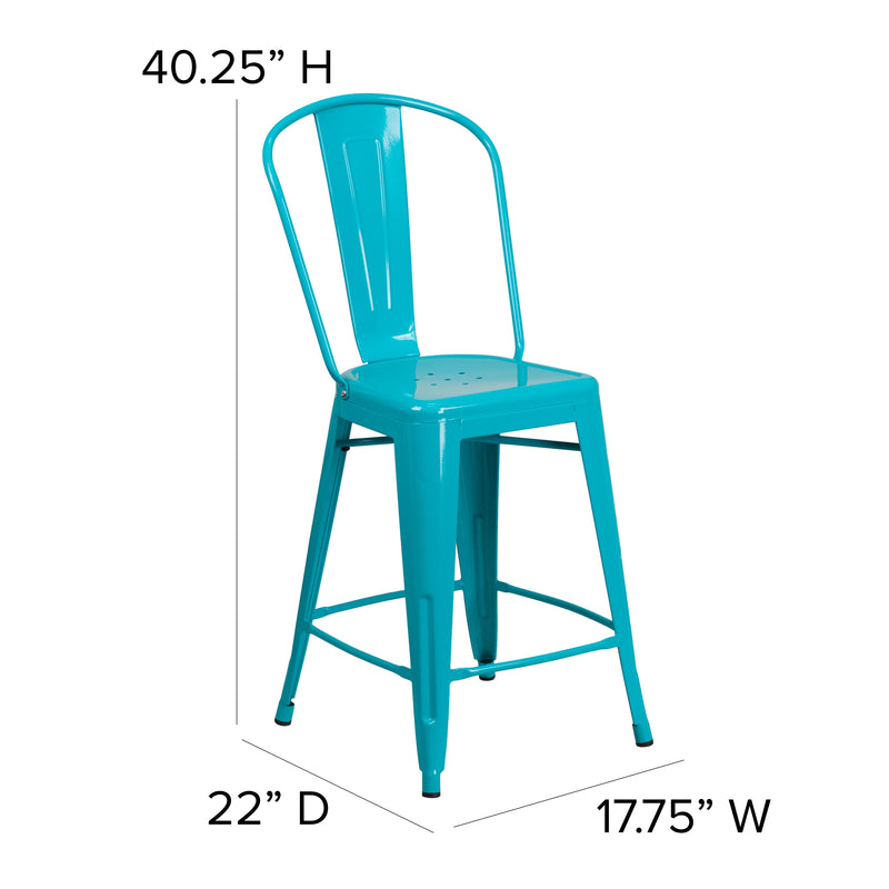 Commercial Grade 24" High Crystal Teal-Blue Metal Indoor-Outdoor Counter Height Stool with Back