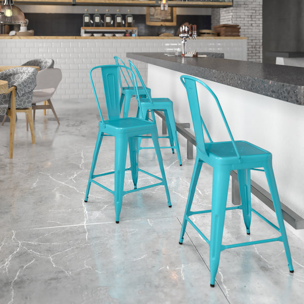 Commercial Grade 24" High Crystal Teal-Blue Metal Indoor-Outdoor Counter Height Stool with Back