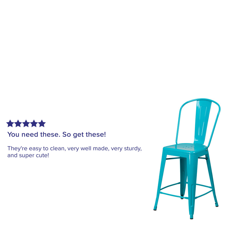 Commercial Grade 24" High Crystal Teal-Blue Metal Indoor-Outdoor Counter Height Stool with Back