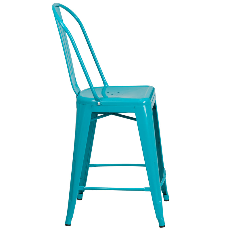 Commercial Grade 24" High Crystal Teal-Blue Metal Indoor-Outdoor Counter Height Stool with Back