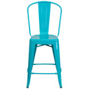 Commercial Grade 24" High Crystal Teal-Blue Metal Indoor-Outdoor Counter Height Stool with Back