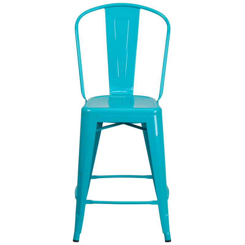 Commercial Grade 24" High Crystal Teal-Blue Metal Indoor-Outdoor Counter Height Stool with Back