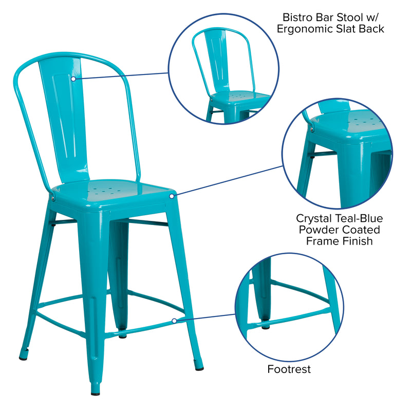 Commercial Grade 24" High Crystal Teal-Blue Metal Indoor-Outdoor Counter Height Stool with Back