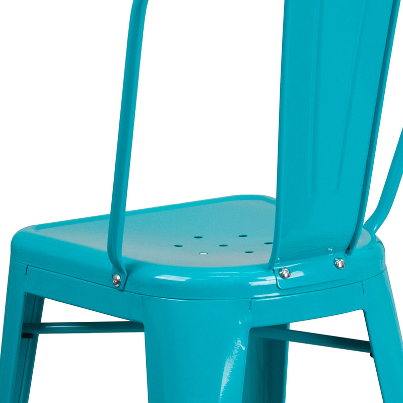 Commercial Grade 24" High Crystal Teal-Blue Metal Indoor-Outdoor Counter Height Stool with Back