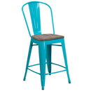 24" High Crystal Teal-Blue Metal Counter Height Stool with Back and Wood Seat