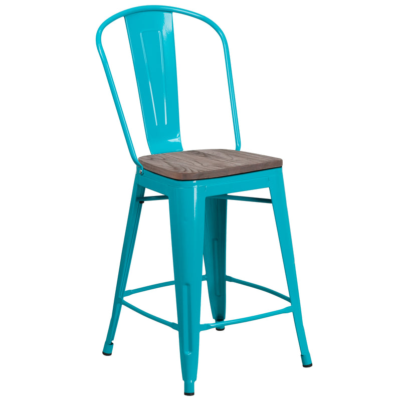 24" High Crystal Teal-Blue Metal Counter Height Stool with Back and Wood Seat