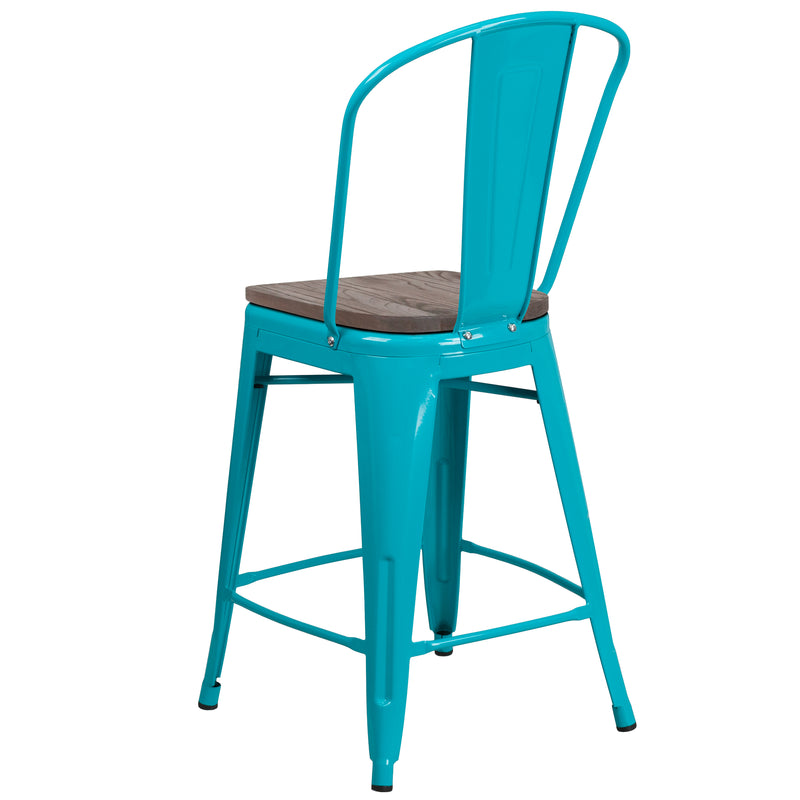 24" High Crystal Teal-Blue Metal Counter Height Stool with Back and Wood Seat