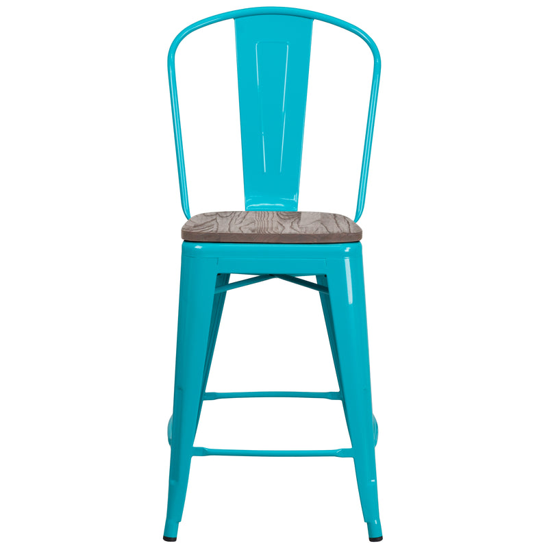 24" High Crystal Teal-Blue Metal Counter Height Stool with Back and Wood Seat