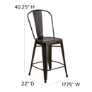 Commercial Grade 24" High Distressed Copper Metal Indoor-Outdoor Counter Height Stool with Back