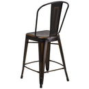 Commercial Grade 24" High Distressed Copper Metal Indoor-Outdoor Counter Height Stool with Back