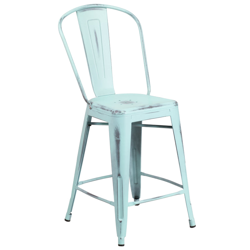 Commercial Grade 24" High Distressed Green-Blue Metal Indoor-Outdoor Counter Height Stool with Back