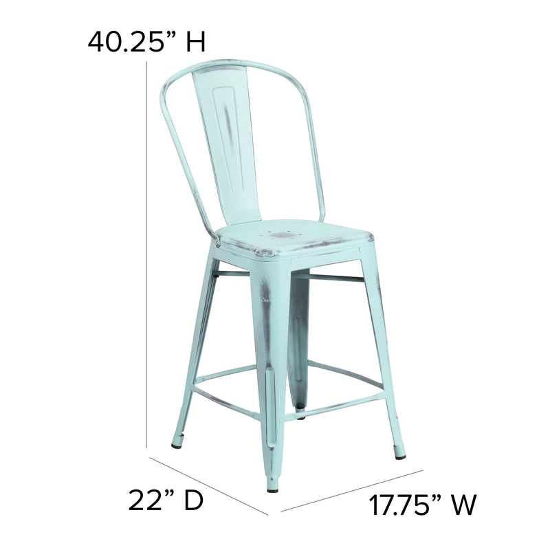 Commercial Grade 24" High Distressed Green-Blue Metal Indoor-Outdoor Counter Height Stool with Back