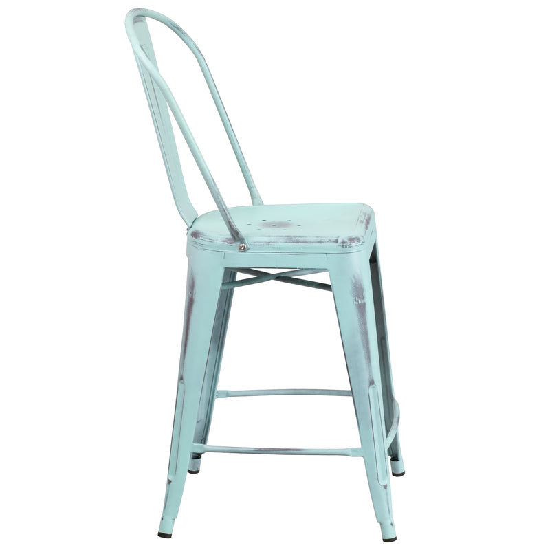 Commercial Grade 24" High Distressed Green-Blue Metal Indoor-Outdoor Counter Height Stool with Back