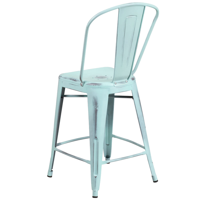 Commercial Grade 24" High Distressed Green-Blue Metal Indoor-Outdoor Counter Height Stool with Back