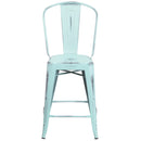 Commercial Grade 24" High Distressed Green-Blue Metal Indoor-Outdoor Counter Height Stool with Back