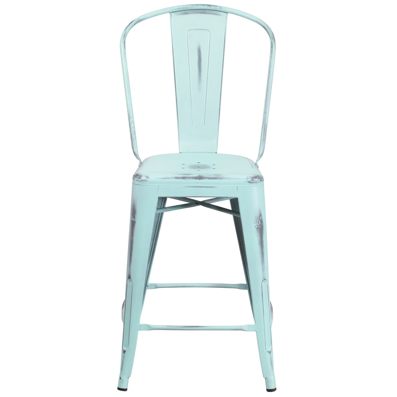 Commercial Grade 24" High Distressed Green-Blue Metal Indoor-Outdoor Counter Height Stool with Back