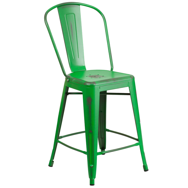 Commercial Grade 24" High Distressed Green Metal Indoor-Outdoor Counter Height Stool with Back