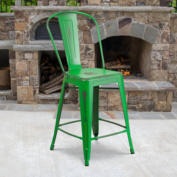 Commercial Grade 24" High Distressed Green Metal Indoor-Outdoor Counter Height Stool with Back