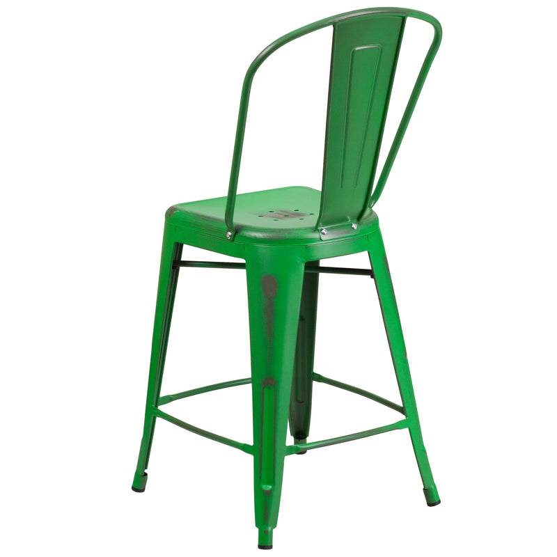 Commercial Grade 24" High Distressed Green Metal Indoor-Outdoor Counter Height Stool with Back