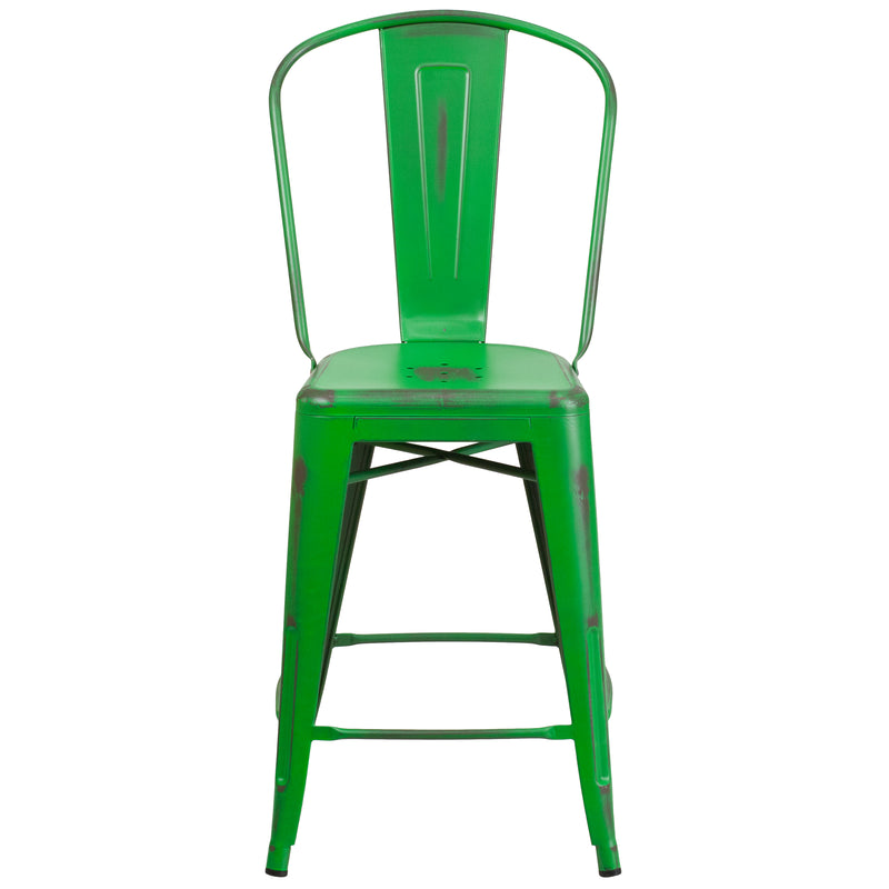 Commercial Grade 24" High Distressed Green Metal Indoor-Outdoor Counter Height Stool with Back