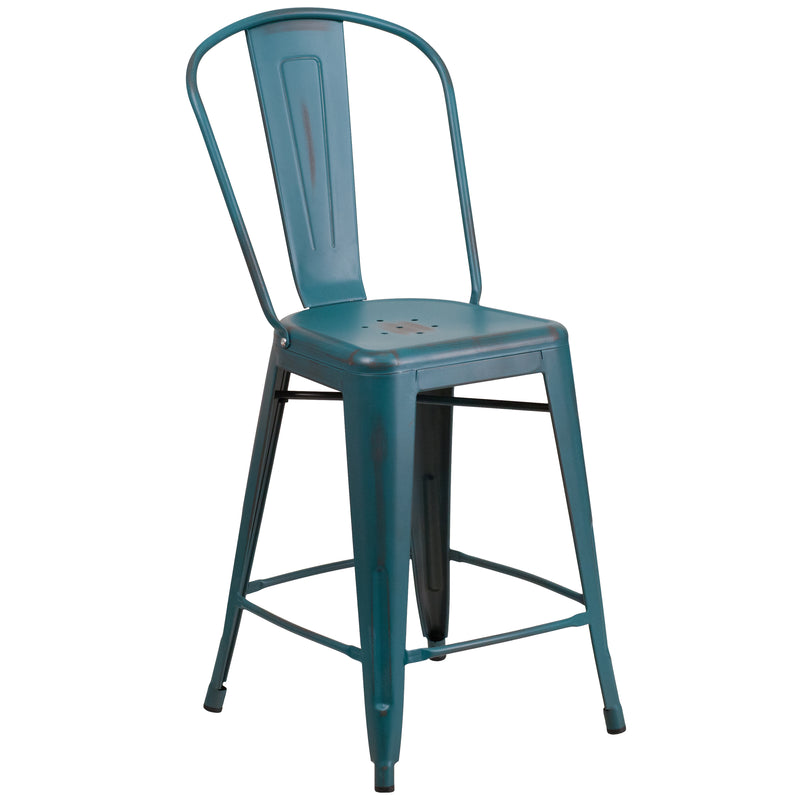 Commercial Grade 24" High Distressed Kelly Blue-Teal Metal Indoor-Outdoor Counter Height Stool with Back