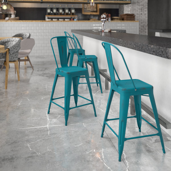 Commercial Grade 24" High Distressed Kelly Blue-Teal Metal Indoor-Outdoor Counter Height Stool with Back