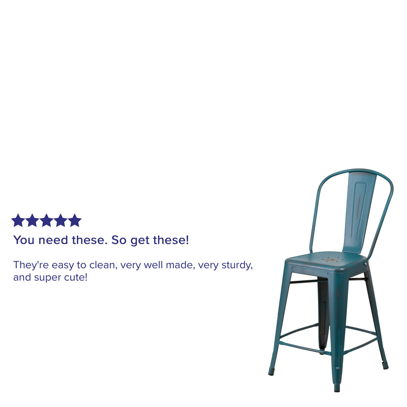 Commercial Grade 24" High Distressed Kelly Blue-Teal Metal Indoor-Outdoor Counter Height Stool with Back