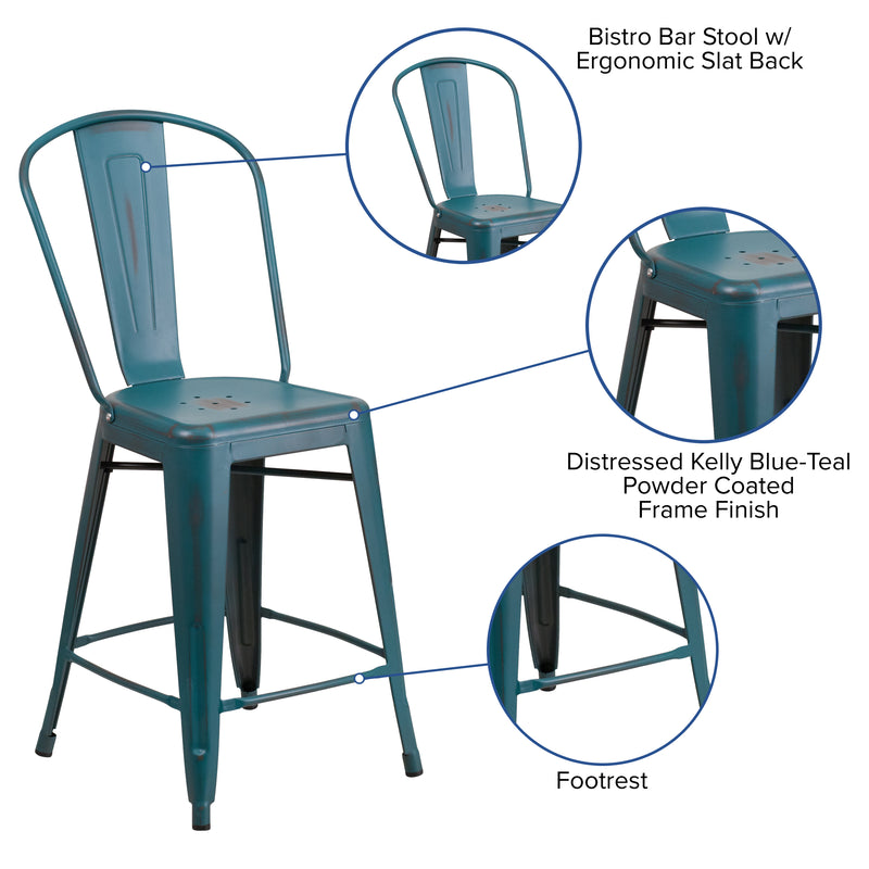 Commercial Grade 24" High Distressed Kelly Blue-Teal Metal Indoor-Outdoor Counter Height Stool with Back