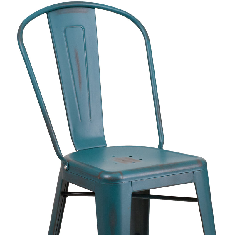 Commercial Grade 24" High Distressed Kelly Blue-Teal Metal Indoor-Outdoor Counter Height Stool with Back